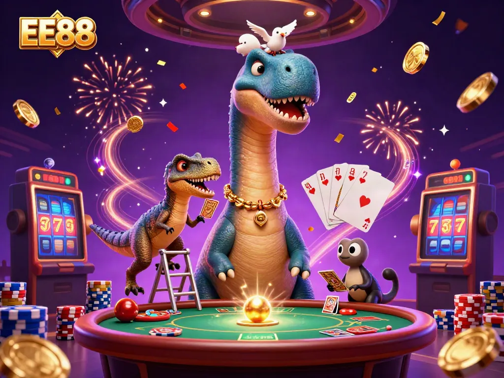 Engage in winning strategies at EE88 with a vibrant casino scene showcasing dynamic game elements and characters.