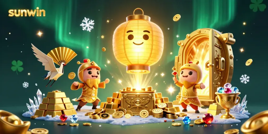 Experience thrilling gameplay with sunwin in this vibrant casino scene featuring golden symbols and characters.