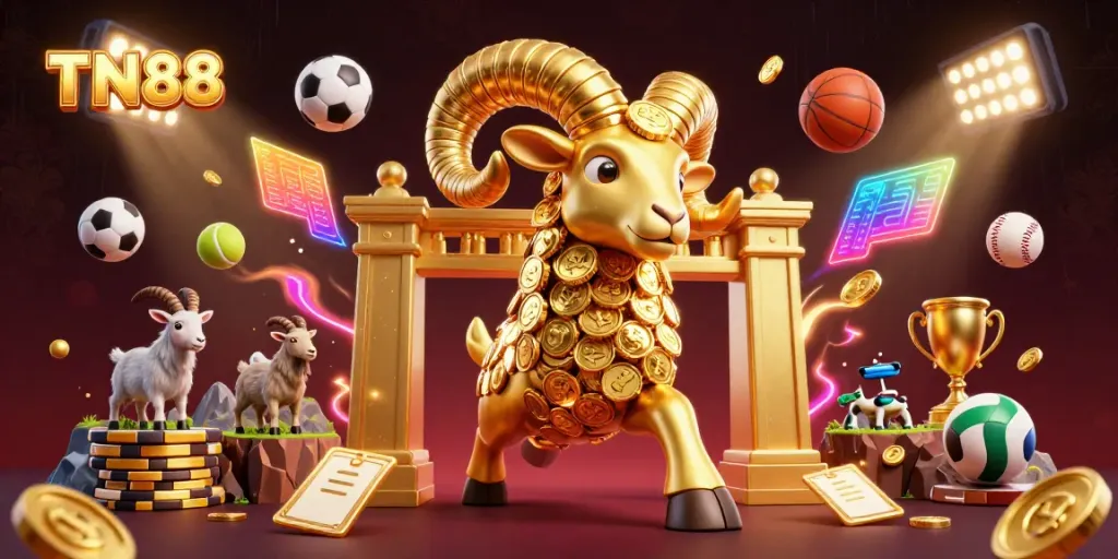 Engage in thrilling bets at TN88, featuring a fantastic golden ram charging at a glamorous casino gate with festive sports elements.