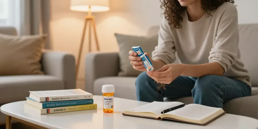 Individual holding Blue Xanax Bars in a cozy home setting promoting mental wellness.