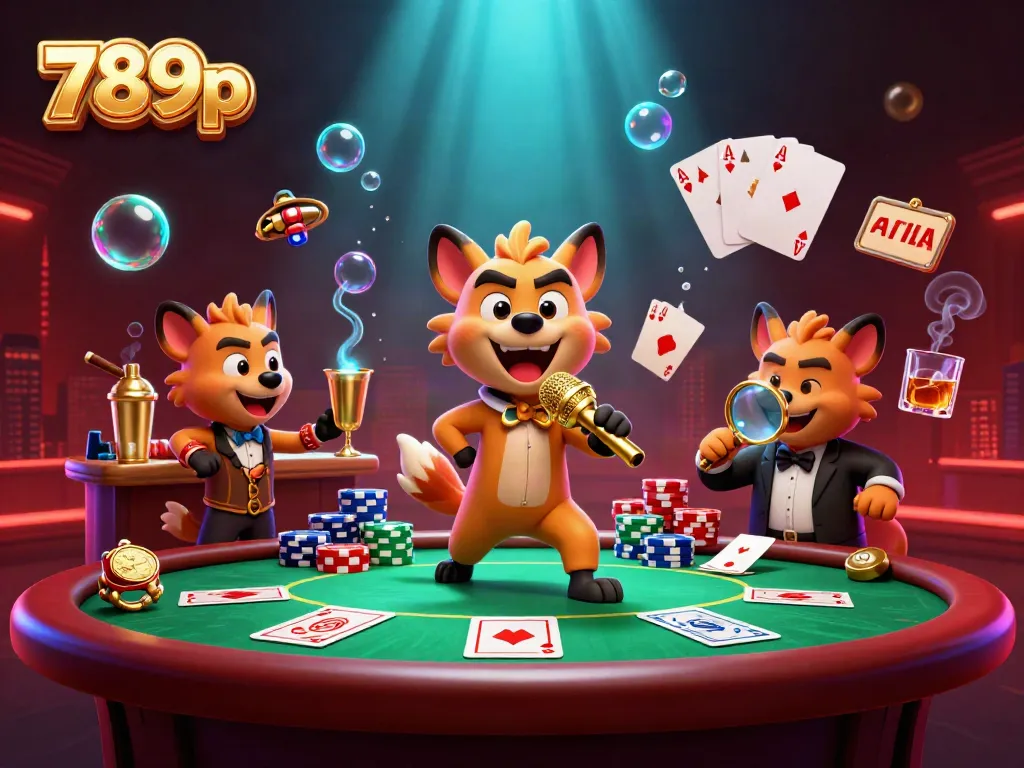 Hyenas hosting a comedy club scene in a casino for 789p, embodying vibrant gambling energy.