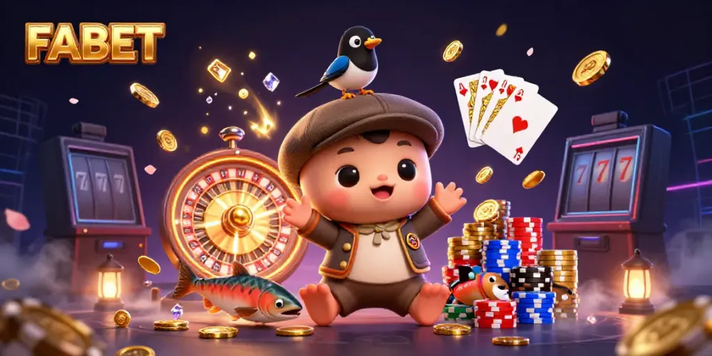 Join FABET's playful characters in a lively casino scene filled with coins and jackpots!