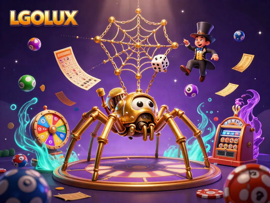 Experience thrilling action with LGOLUX's dynamic web of games, golden chains, and animated lottery elements.