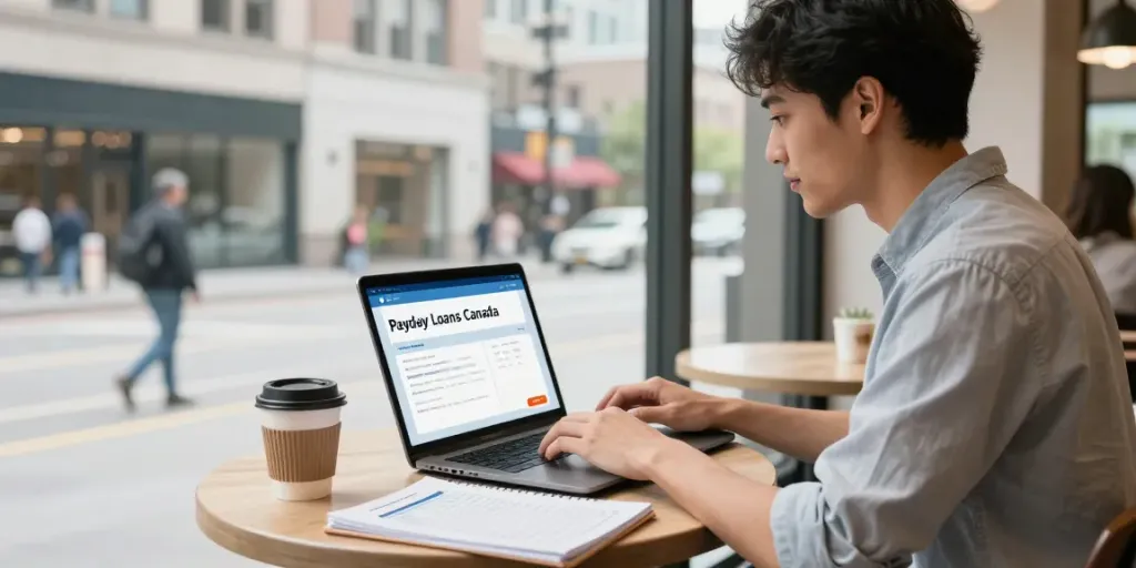 Applying for Payday Loans Canada at a cafe with financial tools.