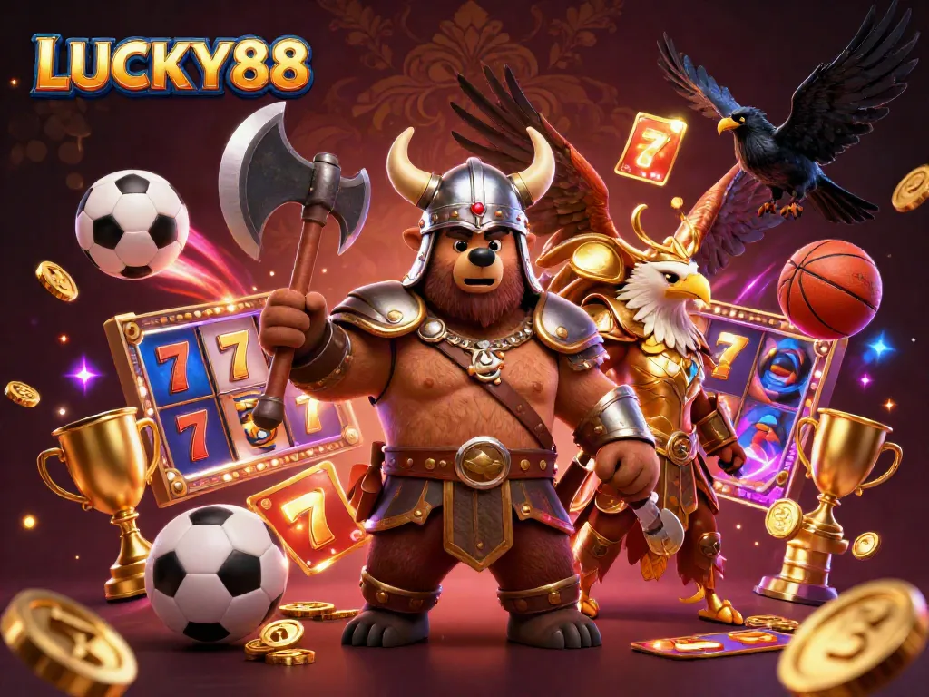Engage with LUCKY88 slots featuring dynamic 3D Viking and Valkyrie characters amidst vibrant gaming elements.