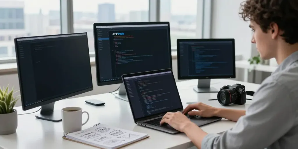 Developer using APKTodo in a bright tech workspace, surrounded by coding screens and gadgets.