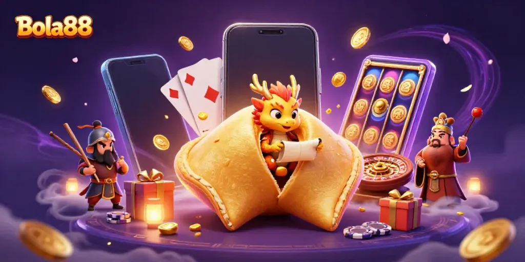 Bola88 showcases a vibrant 3D illustration of a fortune cookie and dragon surrounded by casino elements.