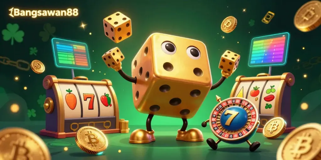 Bangsawan88 showcases thrilling slots and dice in a dynamic 3D casino scene featuring juggling golden dice and vibrant game elements.