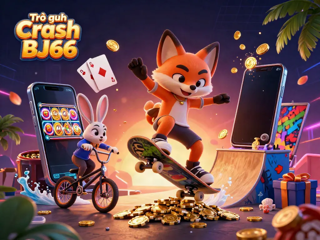 Trò chơi Crash BJ66 mang đến cú nhảy ấn tượng như fox trượt ván và thỏ BMX trong không gian casino sống động.