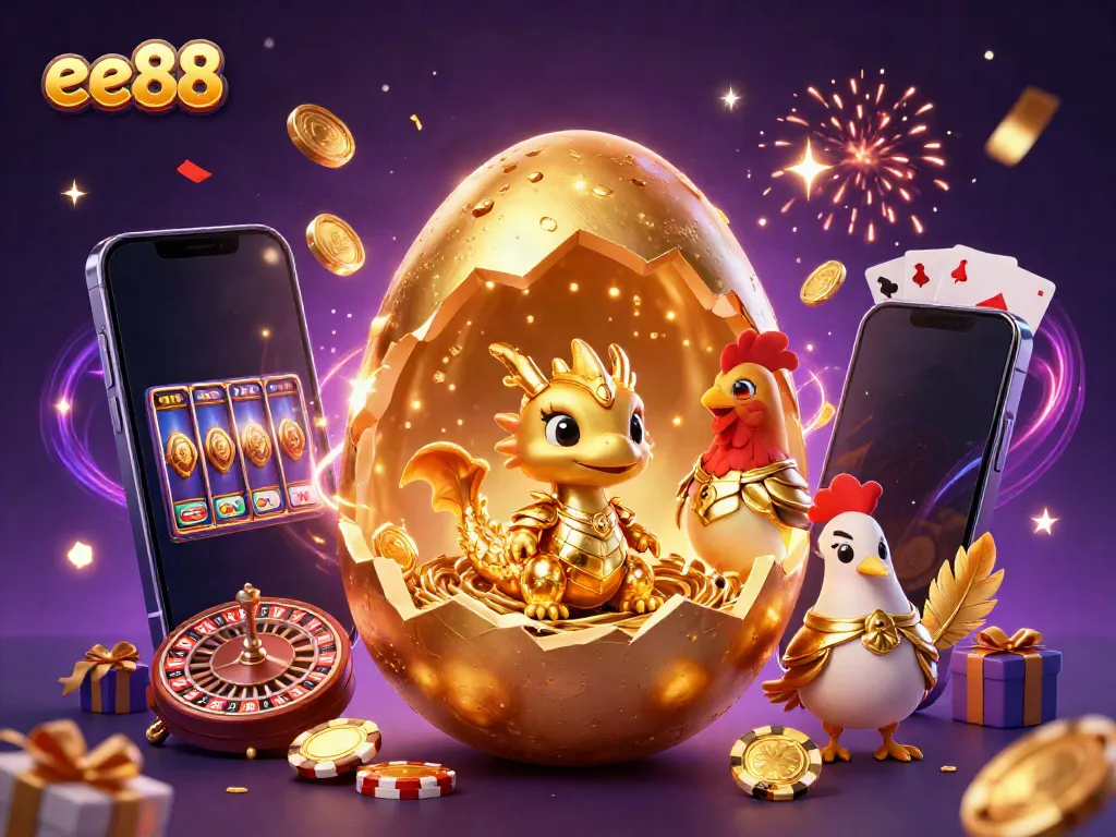 Experience the thrill of ee88 with a golden dragon on a nest of poker chips amidst casino delights.