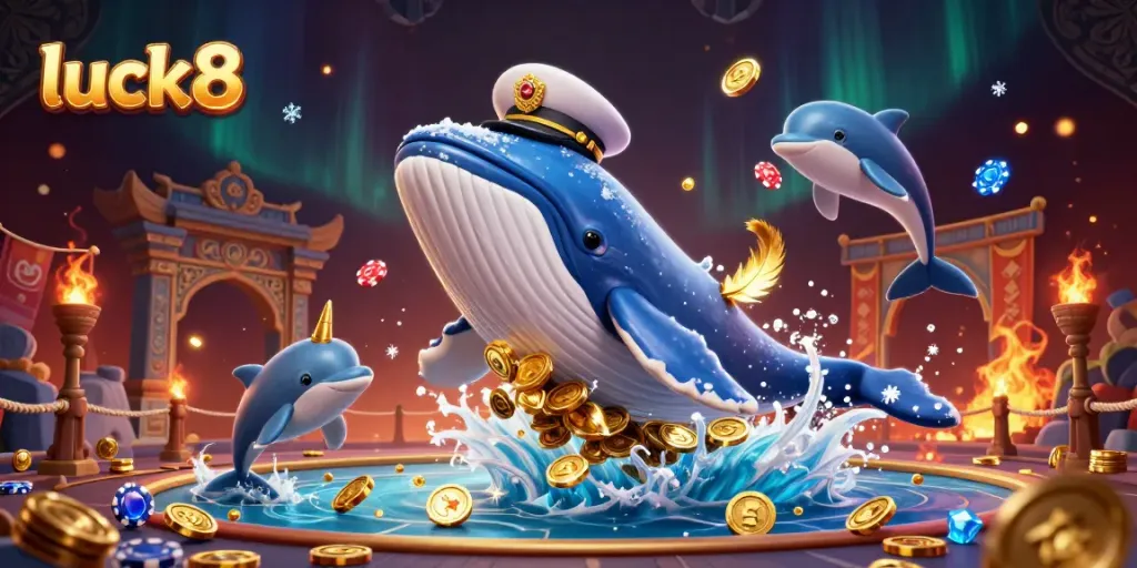 Experience the thrill of luck8 as a giant whale and playful dolphins engage in an exciting casino atmosphere.