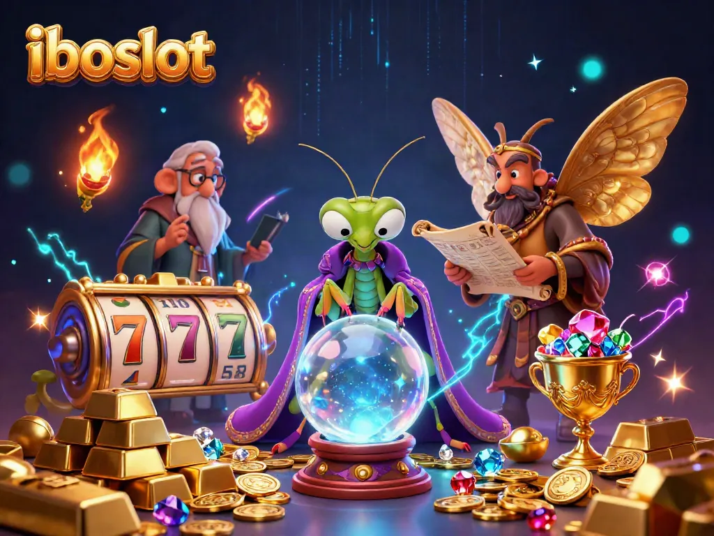Engage with iboslot's thrilling 3D casino scene featuring a mystical fortune teller and slot elements.