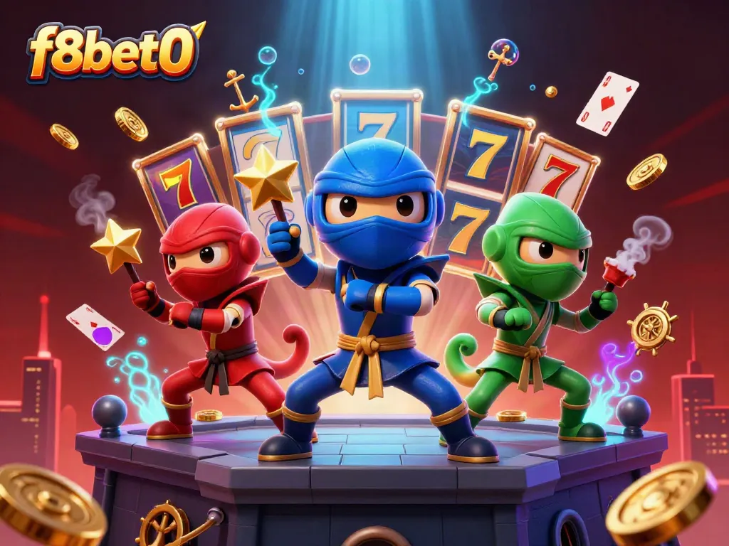 Witness f8bet0's dynamic chameleon ninjas in a packed casino-themed scene bursting with winning elements.