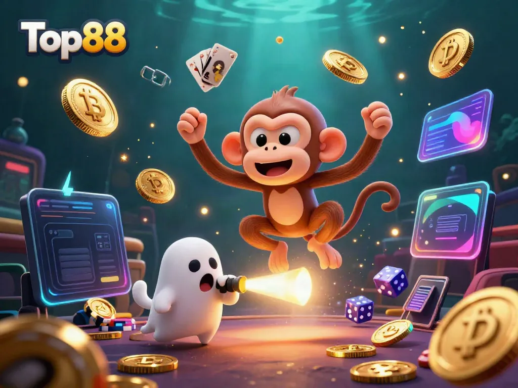 Experience thrilling gaming action with Top88 as a mischievous monkey juggles golden prizes in a haunted casino.