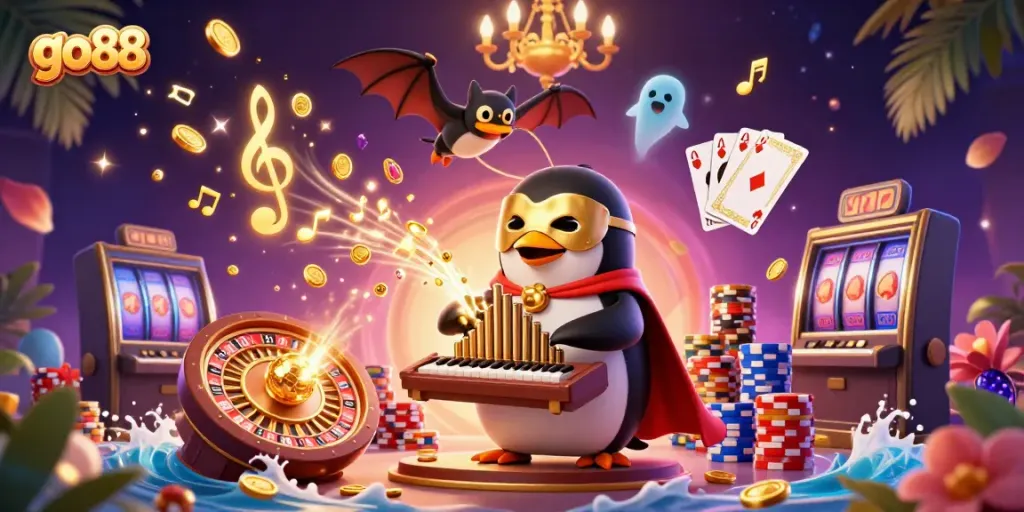 Experience thrilling gameplay at go88 with golden coins and slot reels in a vibrant casino scene.