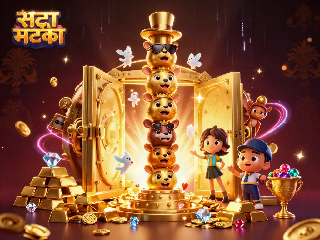 सट्टा मटका का आकर्षक 3D कैसिनो दृश्य, जिसमें सोने के बर्तनों और एनीमेशन का जादू है।