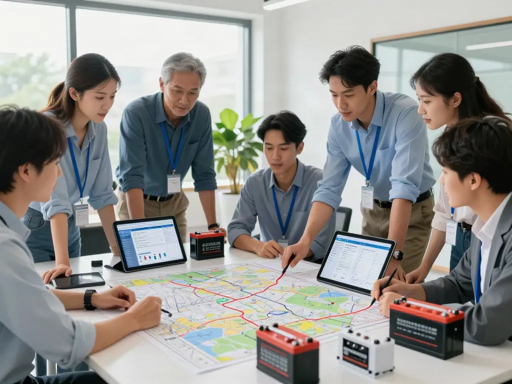 Ocargo Batterie Transport Team analysiert Sicherheitsvorkehrungen in modernem Büro.