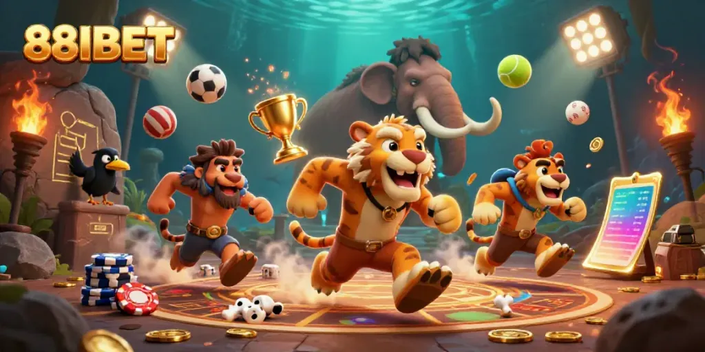 Experience thrilling games at 88IBET with a vibrant prehistoric casino scene featuring engaging characters and dynamic sports elements.