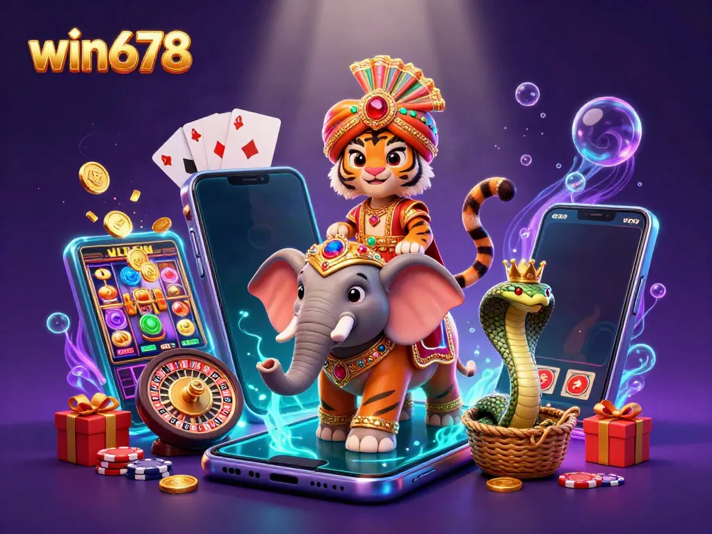 Experience the thrill at win678 with a vibrant 3D illustration of a maharaja tiger, an elephant, and tons of gaming action!