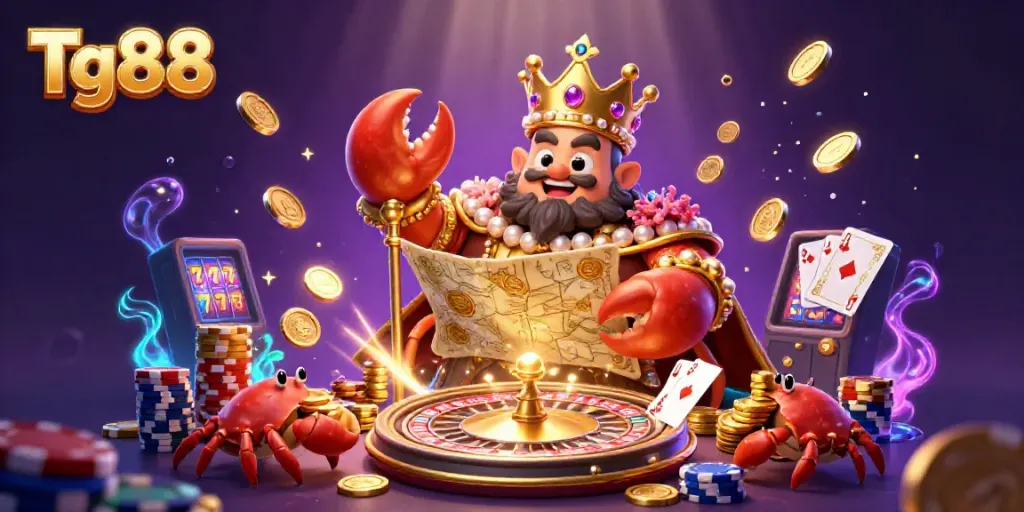 Tg88 casino scene featuring a golden crab emperor, vibrant game elements, and dynamic visuals.
