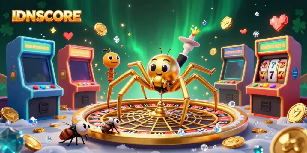 Experience thrilling gambling with IDNSCORE as a golden spider and fly spin a roulette web.