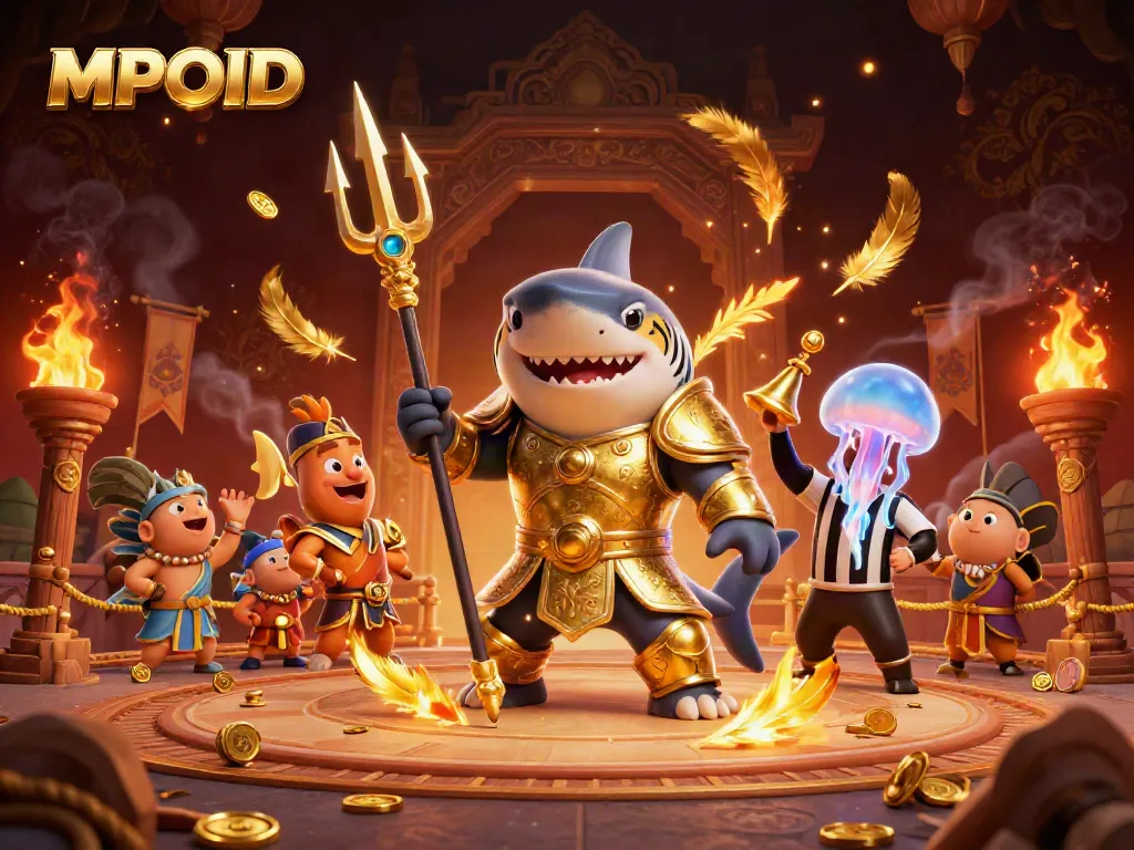 MPOID showcases a thrilling underwater battle scene with a tiger shark, a jellyfish referee, and cheering fish in an exciting casino setting.
