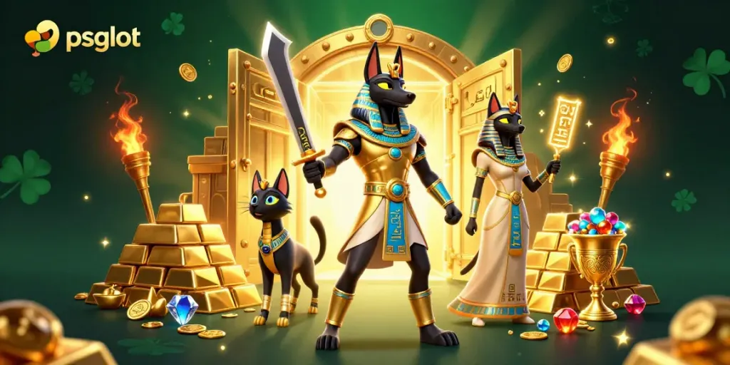 Experience the vibrant psgslot gaming world with a golden Anubis and Bastet in a 3D casino scene.