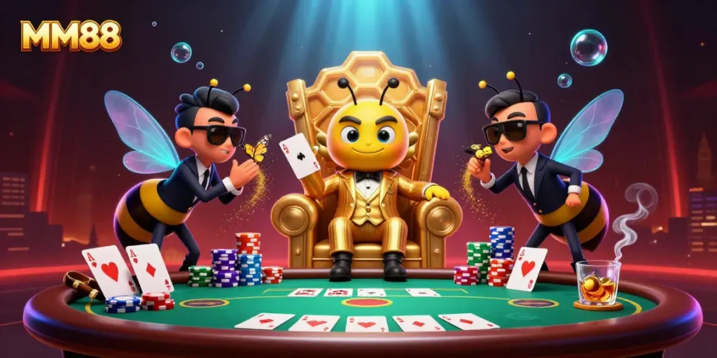 Engage with MM88 at an exciting poker table featuring vibrant characters in a whimsical casino setting.