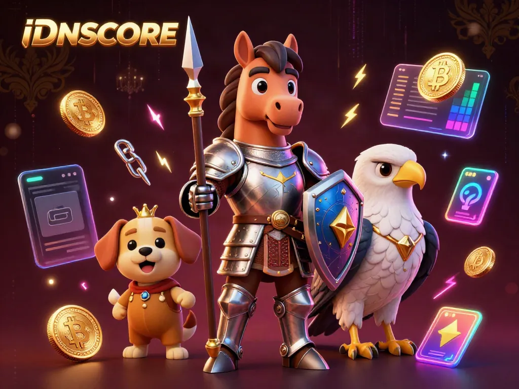 Experience the excitement of IDNSCORE with a vibrant 3D illustration of a medieval knight and colorful crypto elements.