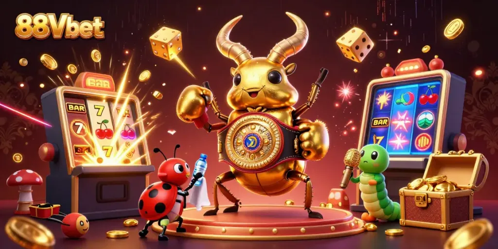 88Vbet features a golden stag beetle boxing champion amidst casino elements, showcasing gaming excitement.