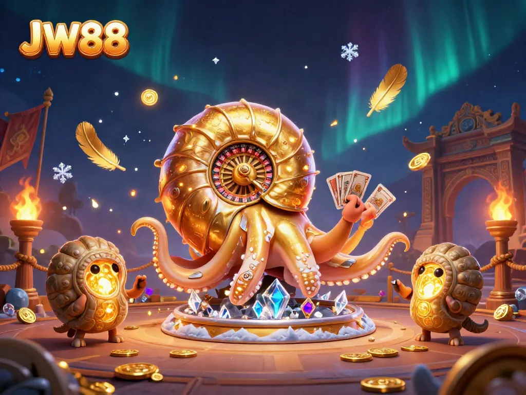 Experience thrilling gameplay with JW88 featuring a giant nautilus roulette and glowing ammonites in a vibrant casino scene.