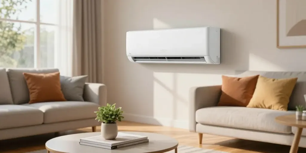 Stylish mini split ac unit in a cozy modern living room, showcasing comfort and efficiency.