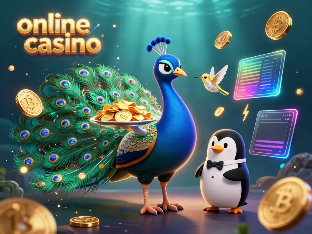 Engage with an online casino experience featuring a colorful peacock, penguin, and hummingbird amidst casino elements.