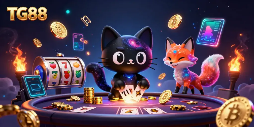 Engage in exciting gameplay at TG88 with a cosmic casino scene featuring winning chips and floating cryptocurrency elements.