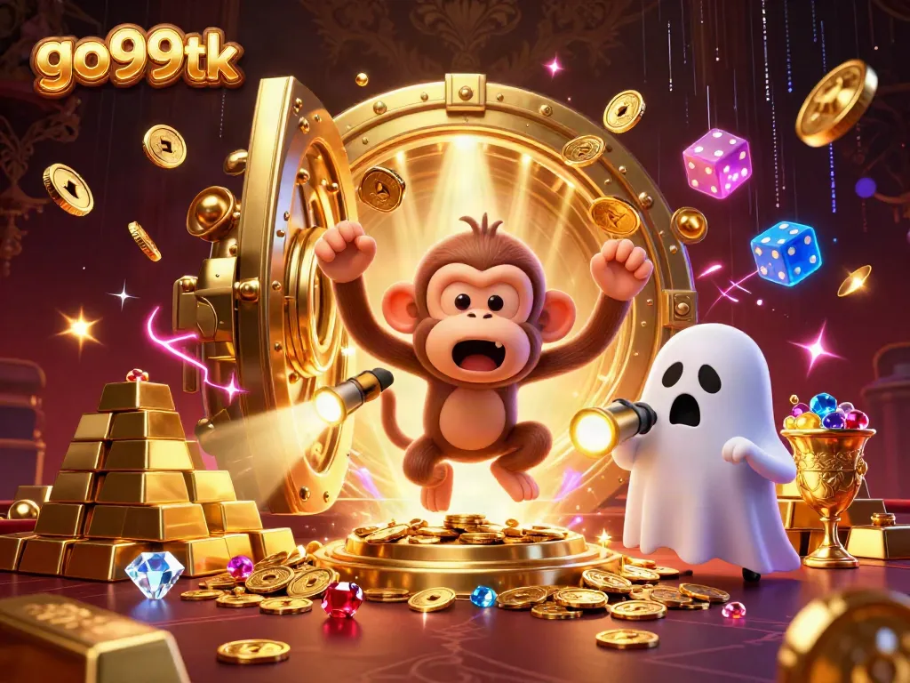 Experience go99tk's thrilling haunted casino with juggles of golden coins and a ghost-hunter puppy.