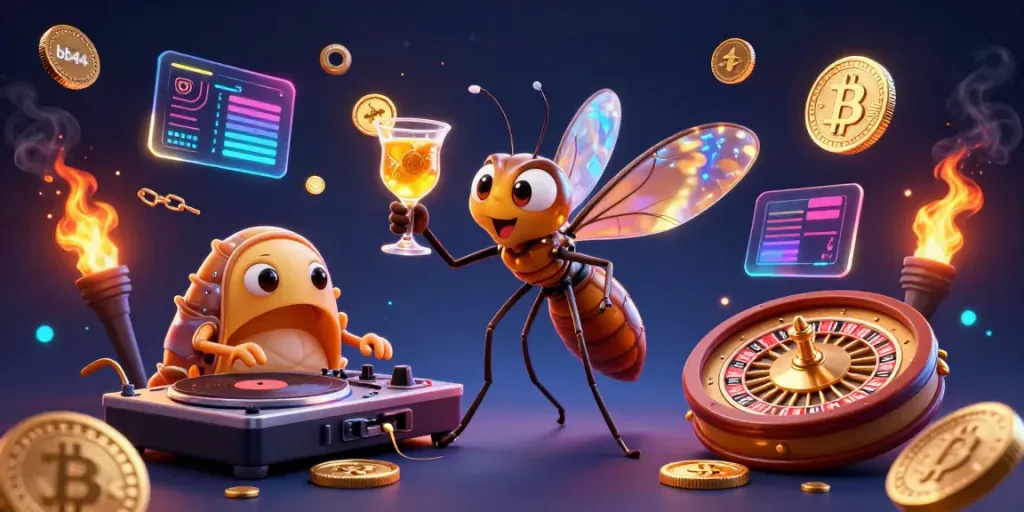 Experience thrilling gameplay at bb44 with a vibrant 3D casino scene featuring unique characters and glowing crypto elements.