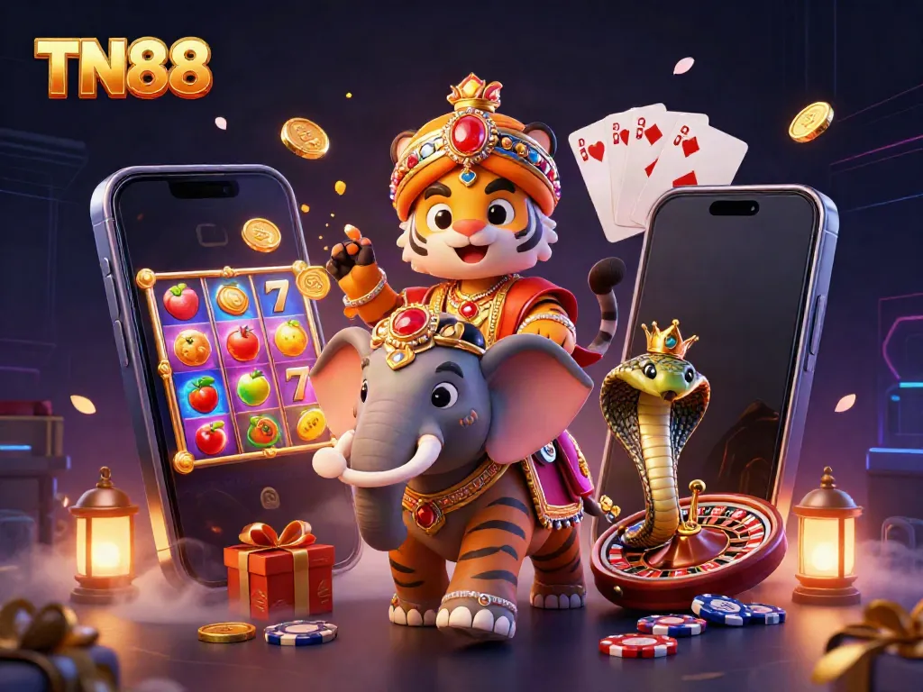 Action-packed TN88 gaming illustration featuring a tiger and elephant with slot games and coins.