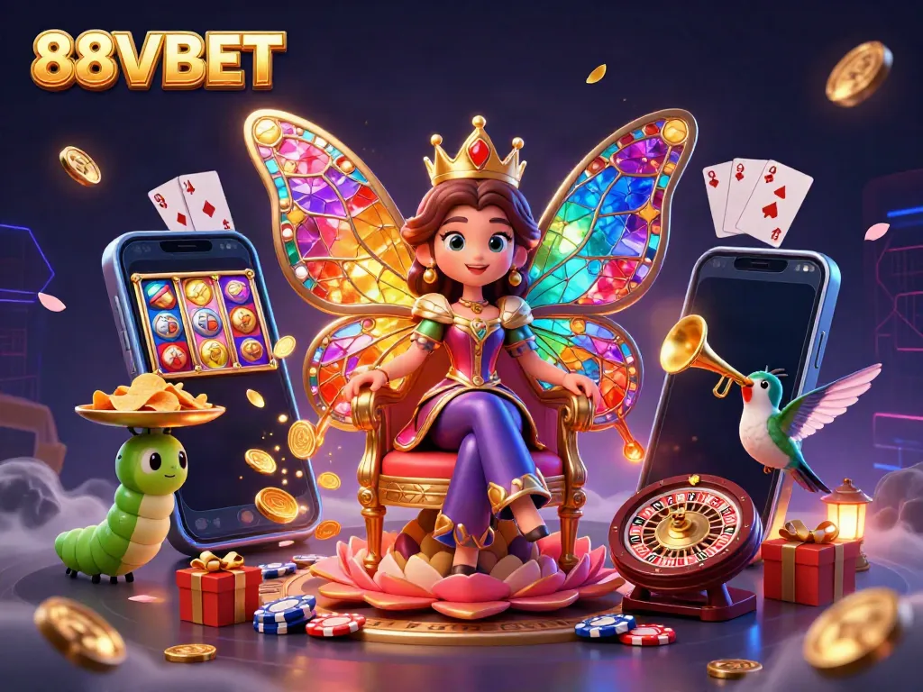 Experience the vibrant world of 88VBET with the butterfly queen amidst casino games and magic.