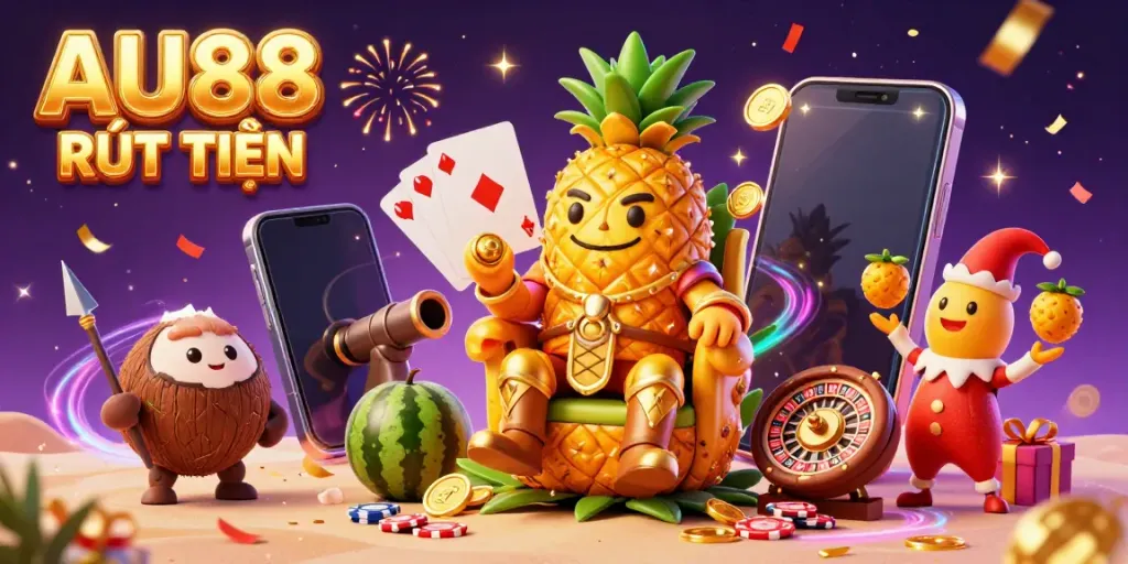 Engage with AU88 RÚT TIỀN through a vibrant casino scene featuring a pineapple king and golden coins.