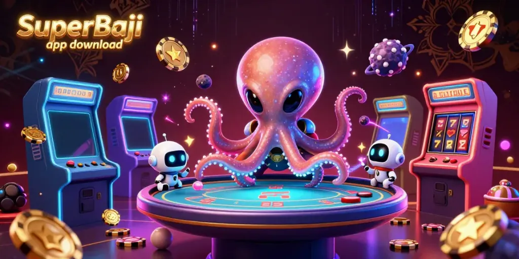 Engage with the SuperBaji app download experience through a vibrant 3D illustration featuring an alien octopus and gaming elements.