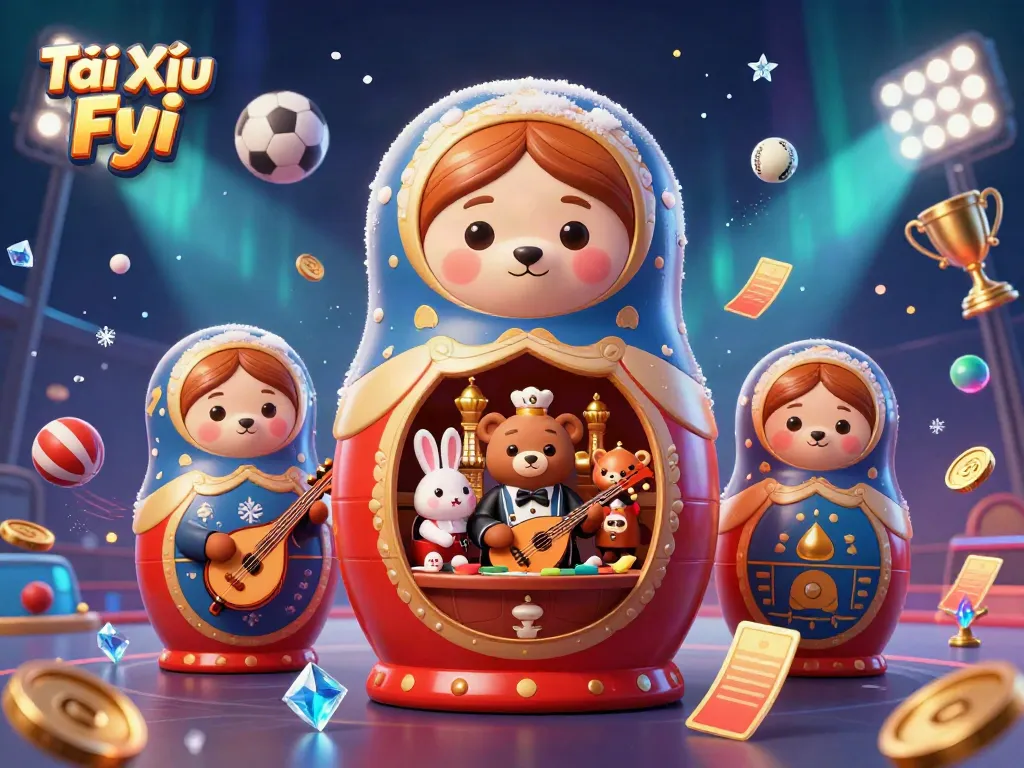 Engaging Tài Xỉu Fyi scene with casino-themed characters and sports elements in vibrant 3D illustration.