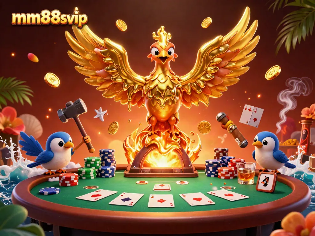 Play poker with mm88svip's golden phoenix and molten metal theme in a vibrant casino.