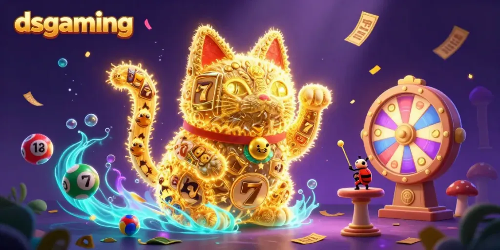 Experience the thrill of dsgaming with a vibrant 3D illustration featuring a lucky cat and various casino elements.