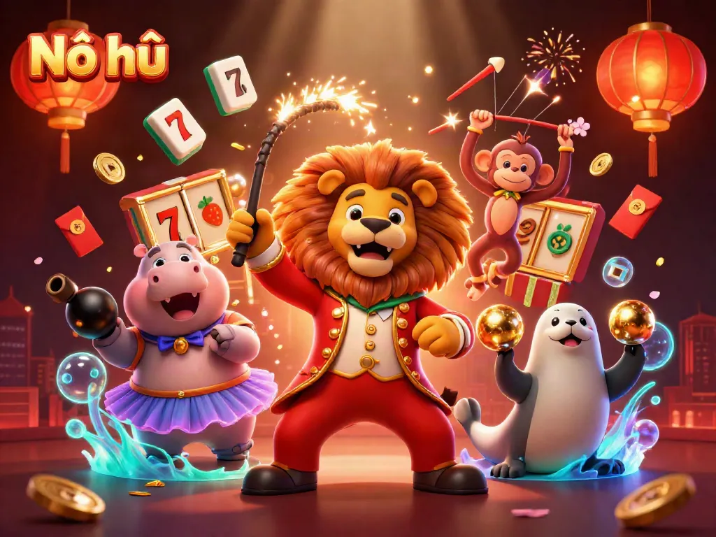 Experience Nổ hũ excitement with a vibrant 3D carnival scene featuring iconic gaming symbols and lively characters.