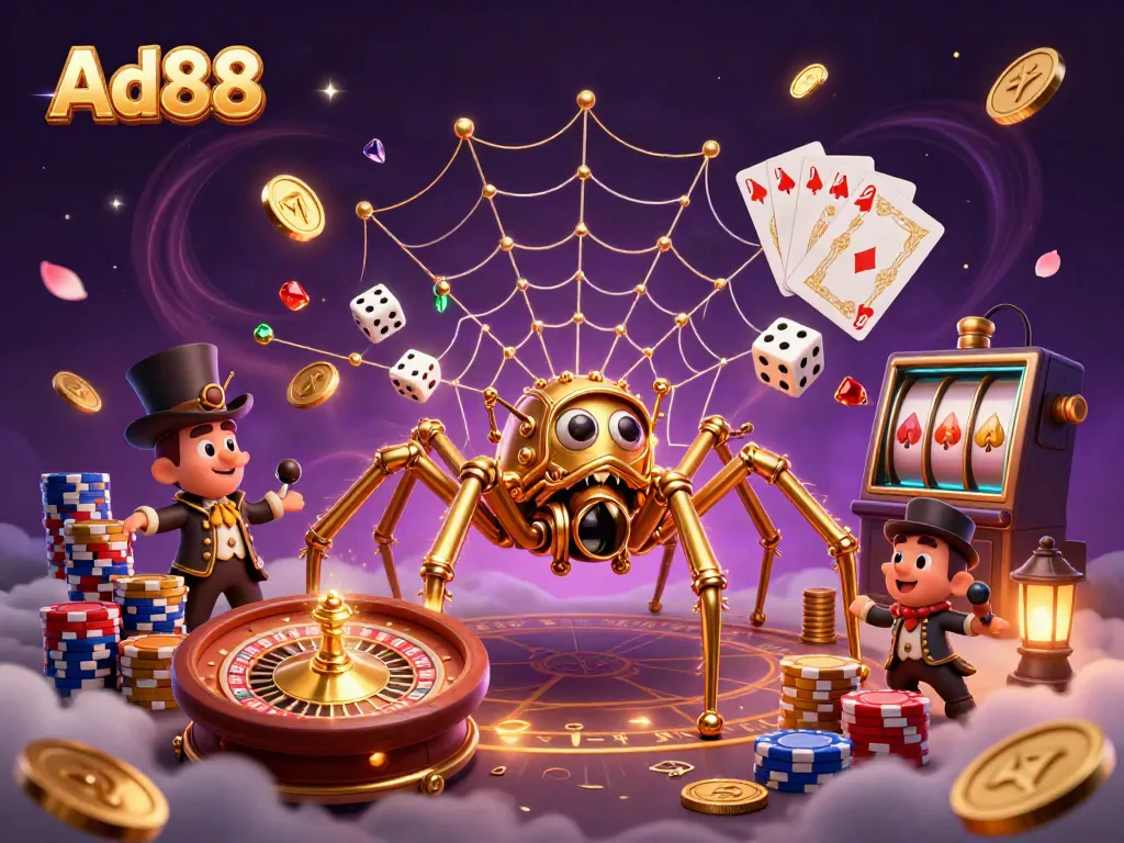 Ad88 features a captivating 3D scene where a golden spider catches dice in its web amid cascading coins and gems.