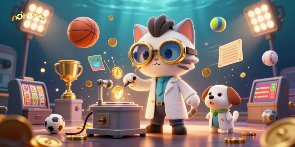 Experience the excitement of nohu90 with a playful scene featuring a mad scientist cat and dog, winning casino games.