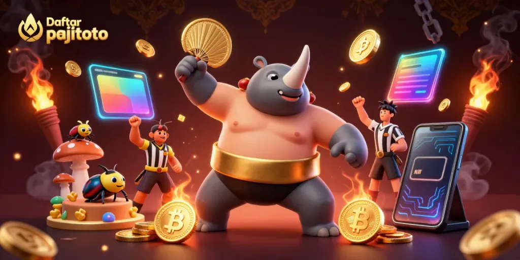 Experience the thrill of Daftar pajitoto with a dynamic casino-themed 3D illustration showcasing energetic characters and vibrant elements.