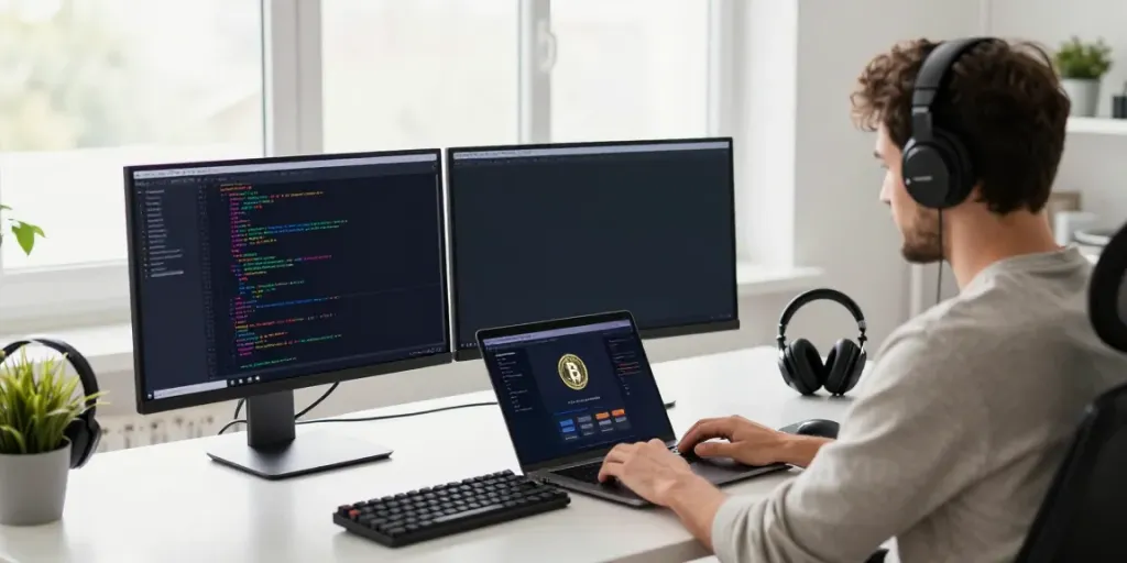 VPS hosting no verification showcased in a modern tech workspace with vibrant code and crypto payment interface.