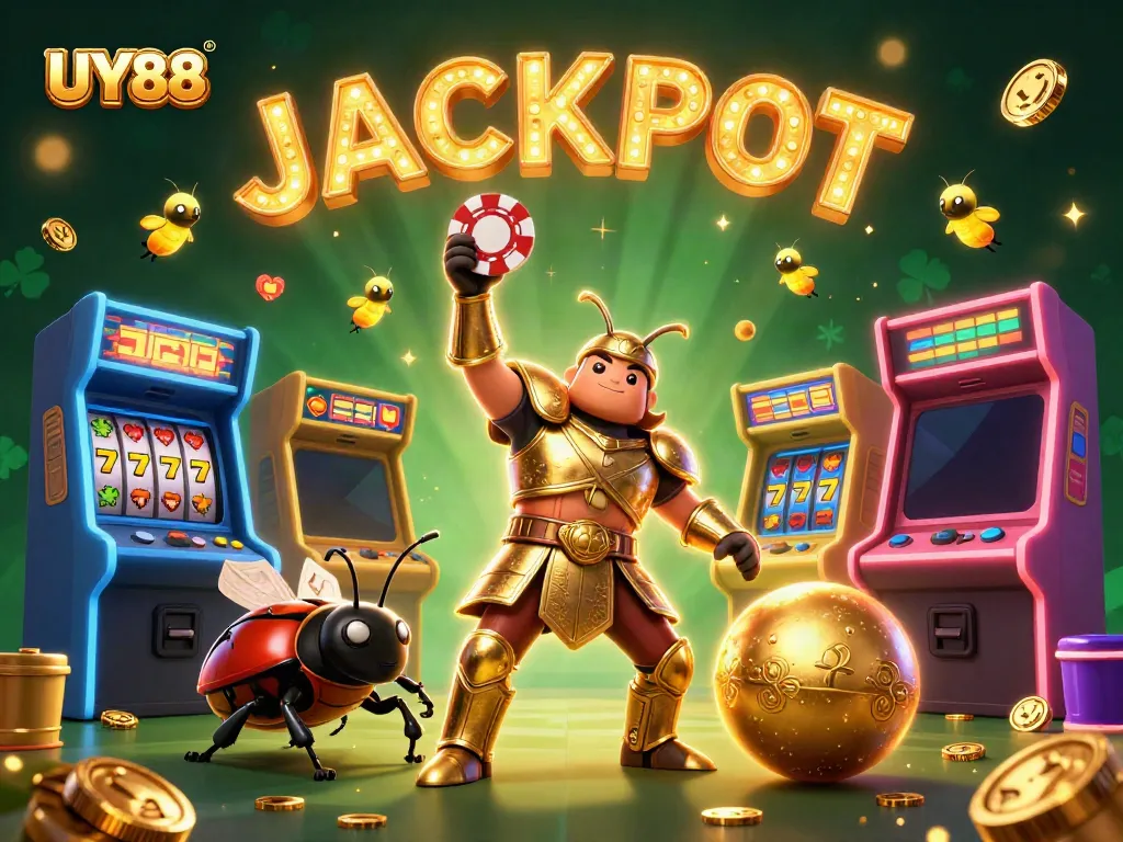 Experience the excitement of UY88 with a victorious beetle character lifting a poker chip, surrounded by vibrant gaming elements.