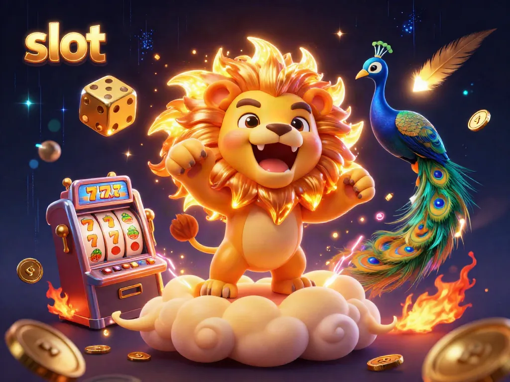 Experience thrilling slot games with a roaring lion, golden dice, and vibrant casino elements.